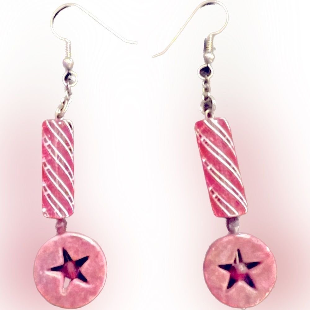 😊 5 FOR 15 😊 Y2K Unique Handmade Pink Granite and Glass Bead Star Earrings